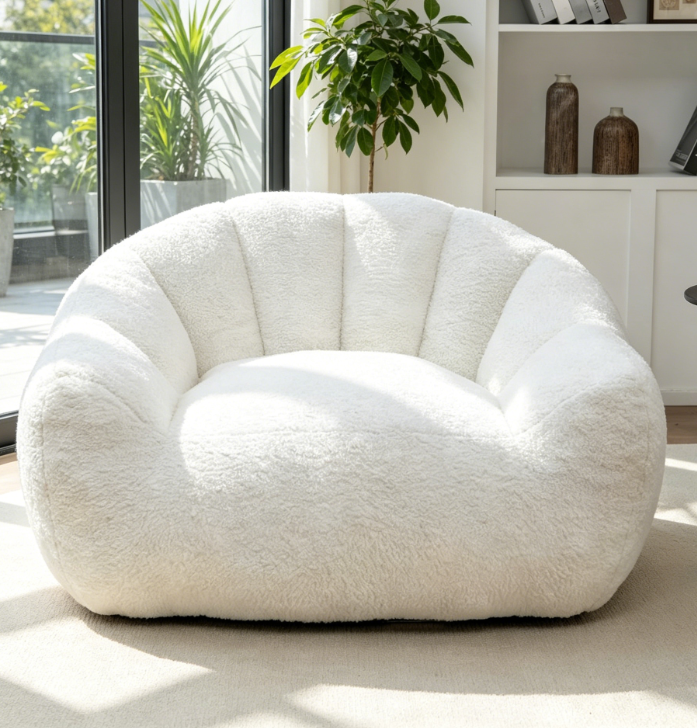 Cozy Teddy Lazy Sofa with Armrest, Oversized White Bean Bag Chair